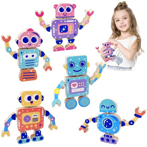 Absyrony Bauklötze Holz Montessori Spielzeug ab 3 Jahre, Roboter Holzspielzeug, Konstruktionsspielzeug mit Buttons, Motorikspielzeug Werkzeug Kinder, Holzspielzeug Geschenk für Jungen und Mädchen