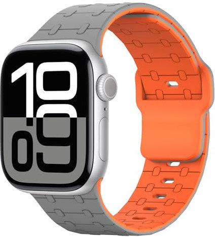 Astorgos Banda de Deporte Compatible con Apple Watch Ultra 2/Ultra 49mm,S10 46mm,9/8/7 45mm,SE/6/5/4 44mm,3/2/1 42mm, Banda de Silicona Ajustable Correa de Repuesto Transpirable, Gris/Naranja