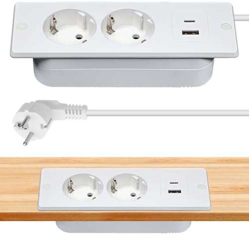GAOUTO Enchufe empotrado en la mesa, enchufe de mesa con 2 USB C, 2 enchufes empotrables con cable de 1,5 m, regleta empotrable, regleta para mesa de conferencias, encimera (blanco)