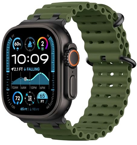 Astorgos Correas Ocean Compatible con Apple Watch Ultra2/Ultra 49mm,S10 46mm,9/8/7 45mm,SE2/SE/6/5/4 44mm,3/2/1 42mm,Correa de Reloj Deportiva con Conector Metálico para Hombre Mujer,Negro/VerdMilitar