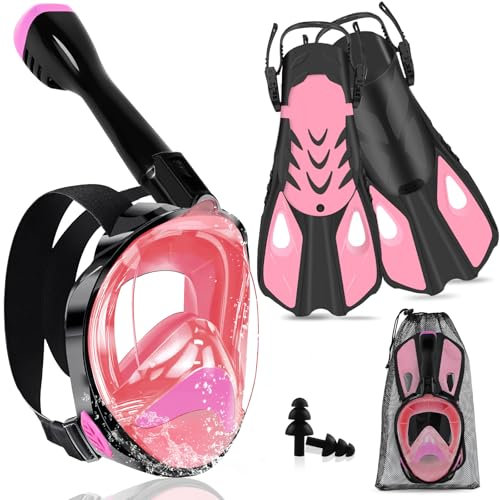 Joellfuner Schnorchelset Erwachsene mit Flossen, Tauchmaske Vollgesichtsmske, Kein Beschlagen, 180° Sichtfeld und Kamerahaltung, Einstellbar Flossen mit Etui, für Schnorcheln Tauchen (Rosa, L/XL)