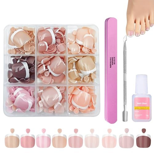 French False Toenails Set - Press on Nails for Toe - 216Pcs 9 Colors Square Fake Toe Nails Set Short - French Tip Toe Nails with Glue - Full Cover Stick on Toenails for Women Girls DIY Nail Art