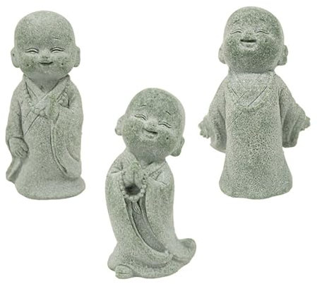 DOSERTY Lot de 3 sculptures de moines miniatures bouddhistes en résine de grès synthétique pour décoration d'aquariums de maison et de bureau
