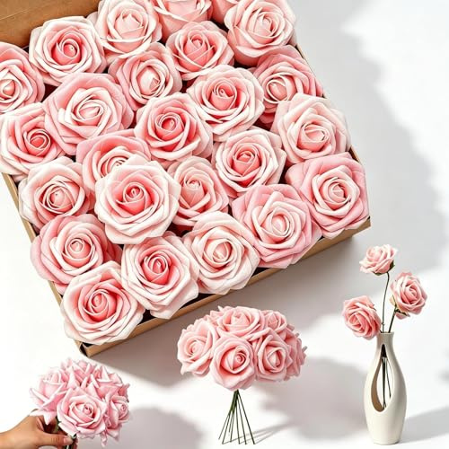 MUNTE 25 Pièces Rose Artificielle en Mousse, Bouquet de Fleurs Hyperréalistes, Fausse Rose Tendre avec Tiges, Fleur Rose, Parfaites pour la Décoration de Fêtes, Mariages et Tables