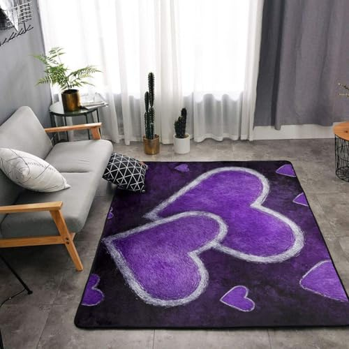 MXZERFKGLA Rutschfeste Fußmatten, violette Herzen, Teppiche für Wohnzimmer, Fußmatte, Vintage, Wohnzimmerteppich, Bodenteppich, waschbare Teppiche für Schlafzimmer, Esszimmer, Heimdekoration, großer