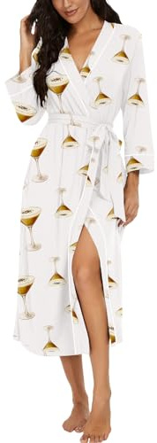 PrinStory Bademäntel Damen Leichter Kimono Roben 3/4 Ärmeln Damen Morgenmäntel Lange Nachtwäsche Lässig Loungewear Saunamantel