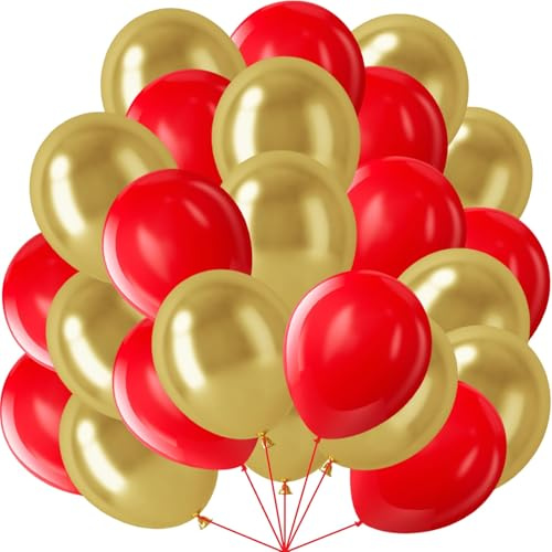 60 Stück Luftballons Rot Gold, 12 Zoll Helium Luftballons Rot Metallic Golden Latex Ballons Partyballon fur Geburtstag Hochzeit Verlobung Valentinstag Babydusche Feste Karneval