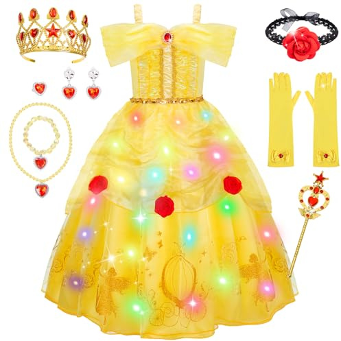 WIKITOT Princess Costumes for Girls, Light Up Rose Dress Up for Kids 3-10 | Rose choker, Jewelry & Removable lights Create a warm golden look for storytelling, Birthday,creative play, Halloween