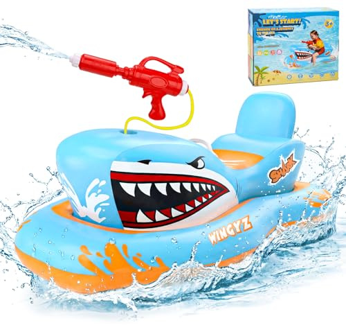 Wingyz Pool Spielzeug, Haifisch Luftmatratze Kinder mit Wasserpistole,Aufblasbares Schwimmtier Boot 3-12 Jahre, Wasserspielzeug Planschbecken Garten, Geschenk Jungen & Mädchen