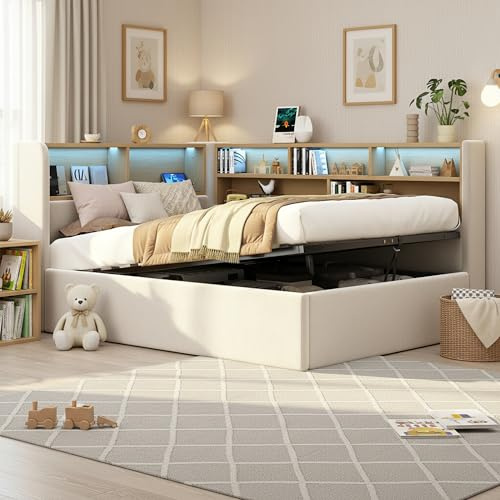 FammyLoft Polsterbett 90x200cm mit LED-Beleuchtung, Hydraulischer Bettgestell mit Rückenlehne & USB, Bett mit Stauraum, Kopfteil mit Aufbewahrungsfach, Jugendbett, Ohne Matratze, Samt, Beige