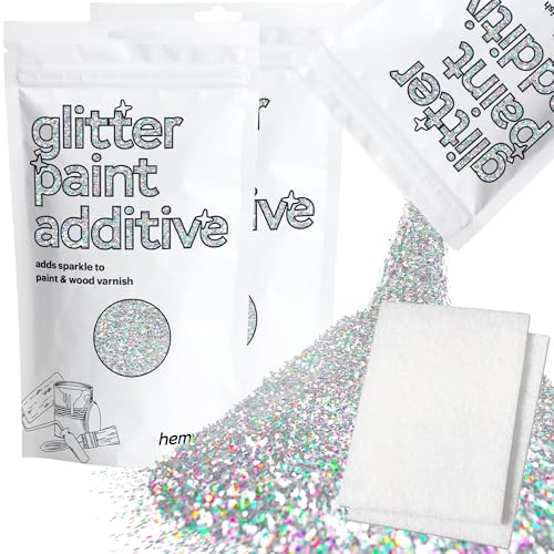 Hemway Silver Holographic Glitter Paint Additive 200g with 2X Buffing Pads | for Paints & Varnish | Paint Walls Sparkly Add to Emulsion, Acrylic or Lacquer Indoor