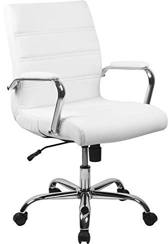 Flash Furniture Bürostuhl mit mittelhoher Rückenlehne – Bequemer Schreibtischstuhl mit Armlehnen, LeatherSoft-Material und Rollen – Perfekt für Home Office oder Büro – Weiß, 60.96 x 58.42 x 103.51 cm