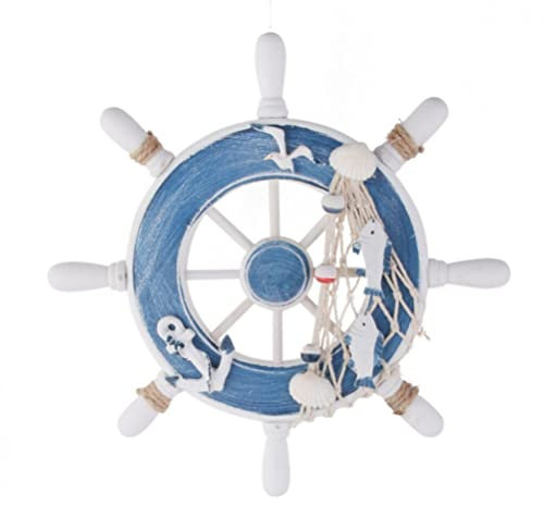 WINOMO Wooden Ship Steering Wheel with Fishing Net Anchor Seagull Nautical Wall Nautical Bathroom Accessories Seashell Conch Beach Theme Decoration Boat Accessories Sea Decor Seaside Ornament