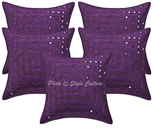 Stylo Culture Bohemio Fundas para Almohadones Decorativos 40x40 cm Algodón Geométrico Fundas Cojines Sofa Morado Encaje De Espejo Bordado Cuadrado sobre Fundas De Almohadones para Cama - 5 Pcs