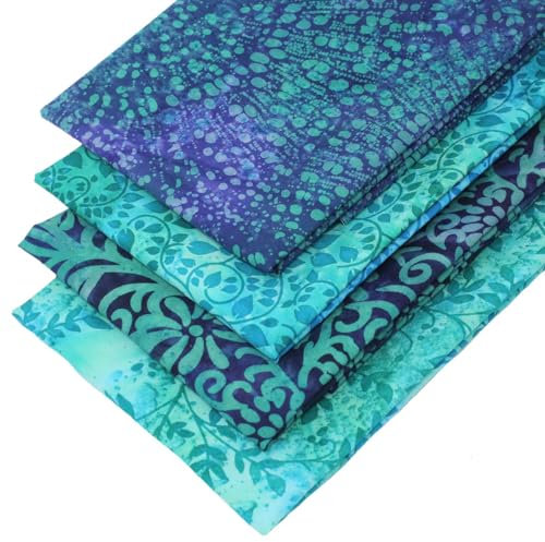 4 Fat Quarters Batik Bundle - 'Sea Breeze' Green & Blue Fabrics Featuring Blender, Crackle & Splash Designs. 100% Cotton Fabric. Ideal for Quilting and Craft Sewing (Includes Free Patchwork Pattern)