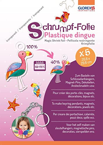 GLOREX 6 1230 704 - Schrumpffolie in A4, Set mit 5 Bogen, Transparent, zum Gestalten von individuellen Anhängern und Pins