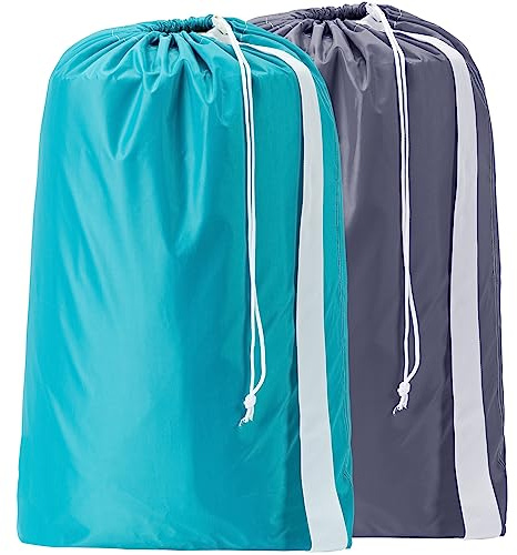 HOMEST Travel Laundry Bags Drawstring for Washing Machine Large XL, Clear Wash Bag with Strap 2 Packs, Collapsible, Durable, Rip-Stop, 71x101cm, Sky Blue