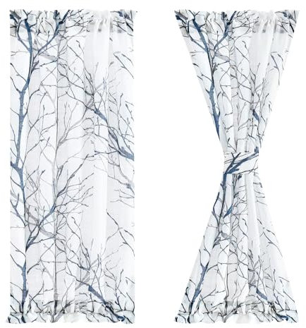 FMFUNCTEX French Front Door Curtains for Glass Door Curtains 72 Inches Long Blue and White Semi-Sheer French Door Panel with Matching Tie-Back for Front Doors 50 Inches Wide 1 Panel