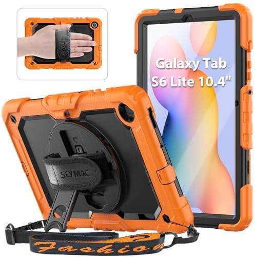 SEYMAC Funda para Tableta Samsung Tab S6 Lite de 2024/2022/2020 (10,4), con Protector de Pantalla, Soporte Giratorio de 360°, Correa para el Hombro, con Soporte para bolígrafo, Naranja