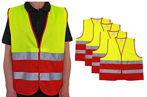 4business 4 Stück Warnweste gelb rot EN ISO 20471 für Erwachsene Größen S - 3XL Polyester waschbar Sicherheitsweste Signalweste 4er Set (S/M)