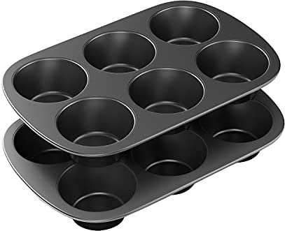 Tiawudi 2 Pack Nonstick Muffin Pan, Carbon Steel Cupcake Pan, 6 Cup, Easy to Clean and Perfect for Making Muffins or Cupcakes, Jumbo, Black