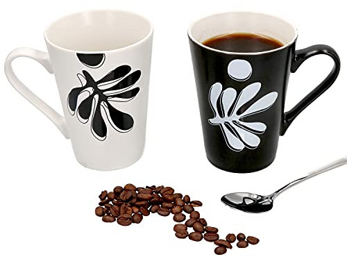 MamboCat Matty 2er Set Kaffee Becher schwarz & weiß I Moderne Kakao Tasse I Trinkbecher mit Henkel abstraktes Blattdekor I hochwertige Kaffeetassen I Fine Bone China Porzellan Kaffeebecher 250 ml