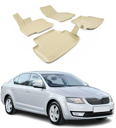 OMAC Fußmatten für Skoda Octavia 2013-2019 TPE 4X Beige | Gummimatten, Automatten, Allwetter, fahrzeugspezifisches Produkt, Antirutsch, 3D-Passform, wasserdicht