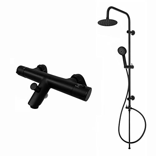 ENKI, Dune, BBT0249, noir, mitigeur thermostatique pour baignoire/douche avec double kit de rehaussement rigide, 200 mm ultra fin et douchette multifonction, moderne, garantie 10 ans