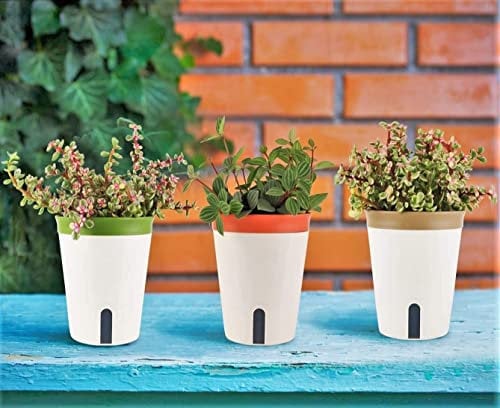 LATERN 3Pz Vaso per Fioriera Autoirrigante, 12,5CM Rotondo Vaso per Piante In Plastica Vasi per Fiori da Giardino - Con Finestra del Livello Dell'acqua e Vassoio Nascosto con Foro di Drenaggio