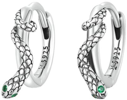 Schlangen Ohrringe Damen Sterling Silber 925 Ohrstecker Creolen Ohrringe mit grüne Zirkonia Steinen Ohrklemme Punk Gotik Tier Schmuck Geschenk für Mädchen