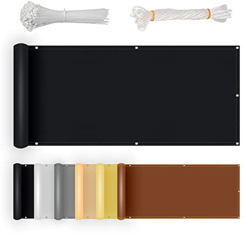 NKADNB Balkonsichtschutz Balkonbespannung 100X1250cm Balkon Schutz UV-Schutz Balkonverkleidung Sichtschutzplane Motiv mit Ösen Kabelbinder und Kordel Schwarz