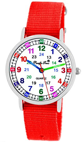 Pacific Time Kinder Armbanduhr Mädchen Jungen Uhr Kids Lernuhr rot Textil Wechselarmband analog Quarz 10913