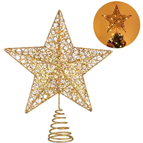 TOYANDONA Weihnachtsbaumspitze Weihnachtsbaum Stern Spitze Stern Christbaumspitze Baumspitze Spitze Beleuchtet mit 15 Warmlicht LED Lichtern für Weihnachtsbaumdekorationen 25 x 30 cm Golden