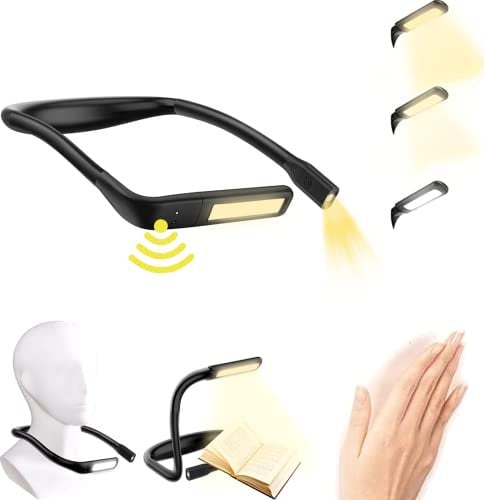 Aosethefrt Hals Leselampe LED Buchlampe, Bewegungssensor, 3 Farben, 80 Stunden Dauer, Stufenlose Dimmbar, 1800mAh Wiederaufladbar Biegbare Arme Leselampe Halslampe