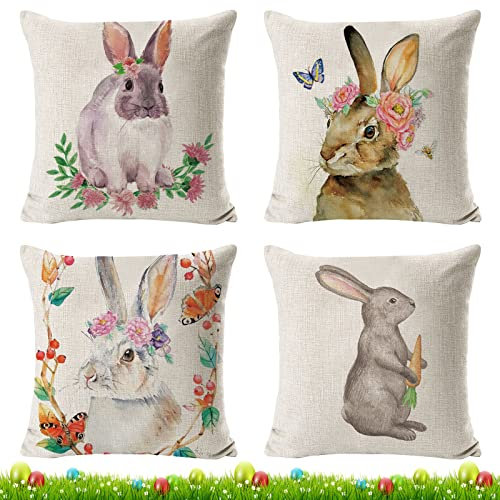 JOKILY 4 Stück Ostern Kissenbezug, Kissenbezug Ostern Hasenselementstile 45 x 45 cm, Osterdeko Leinen Kissenhülle, Frühling Leinen Schlafsofa Kissenhülle Dekoration für Wohnzimmer Sofa Büro Auto Dekor
