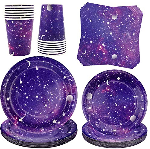 Ywediim Space Galaxy Party Supplies Tableware Set, Includes Plates, Napkins, Cups, for 20 Guests Galaxy Outer Space Theme Birthday Party Decoration (Serve 20)