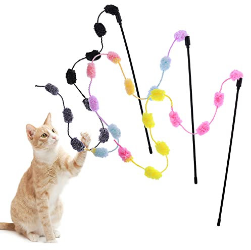 Cobee Katzenschnur Spielzeug, 3er Pack Interaktives Katzen Teaser Zauberstab Schnur Spielzeug Buntes Band Charmer mit pelzigen Plüschbällen für Kätzchen Stick Katzenspielzeug für drinnen