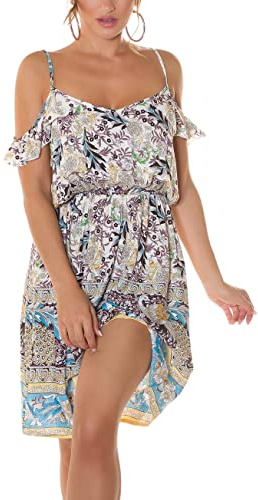 Koucla Printed Cold Shoulder Sommer Midi Viskose Kleid L/XL