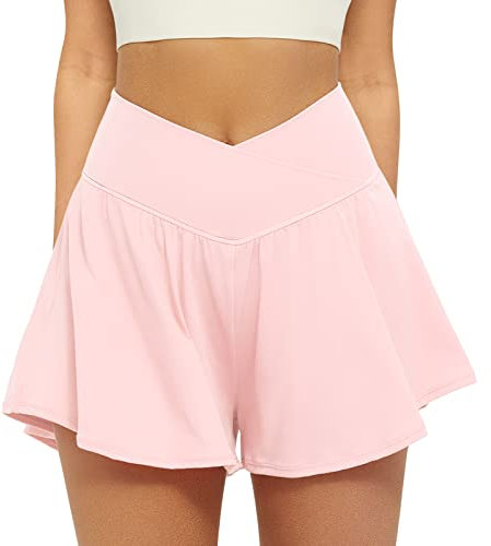 FireSwan Crossover Short de sport 2 en 1 pour femme - Short de course fluide avec poches en élasthanne - Motif papillon, rose bébé, Taille S