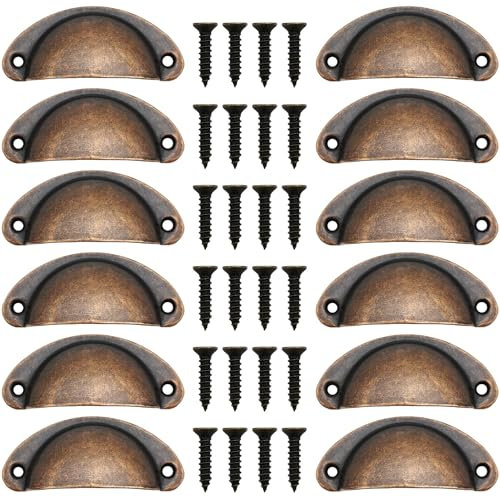 CTRICALVER Shell Drawer Handles, 12 Pcs 82mm Shell Cup Handles, Cabinets Handles, Retro Furniture Knobs, Semicircle Cabinet Cup Handle Antique Red Copper, with Screws.