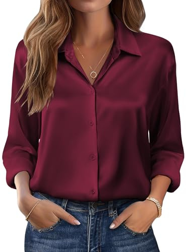 Zeagoo Dam satinblus V-ringad långärmad elegant satinblusar ledig topp långärmad skjorta affärsskjorta, Vinröd, M