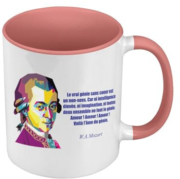 Tasse, Farbe Premium Qualität, Rosa – Das wahre Genie ohne Herz ist ein Unsinn, Mozart Zitat Musik Kreativität – Tasse mit Henkel und farbigem Innenraum