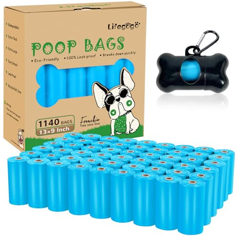 Dog Poop Bag 1140 Counts 57 Rolls, Unscented Doggy Poop Bags, Leak-Proof Dog Bags for Poop, Extra Thick Strong Dog Waste Bags with Dispenser - Blue (13 x 9 Inches)
