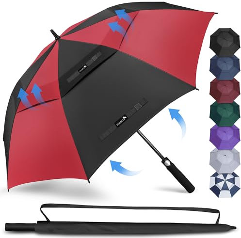 ZOMAKE Regenschirm Gross Sturmfest XL - Golfschirm Groß Windfest 62inch - Familienregenschirm Groß Sturmfest Mit Tragegurt(Schwarz/Rot)