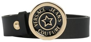 VERSACE Jeans Couture Gürtel aus glattem Leder mit schwarzer goldener Logo-Schnalle, Schwarz , 90 cm
