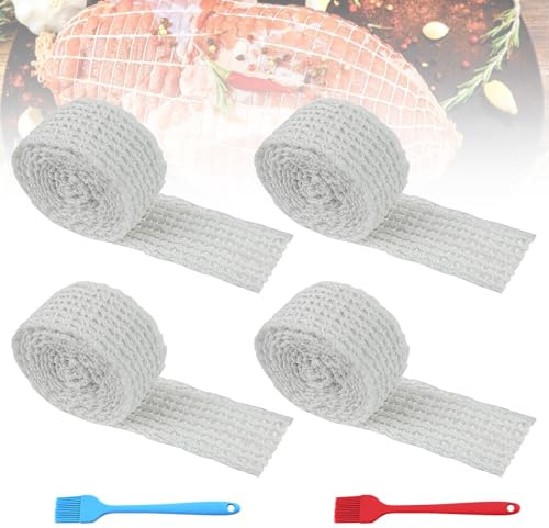 cersaty 4 Rollen 3M schinkennetz zum Räuchern, 16 Loch Schinkennetz | Elastische Rollbraten Netz für Aufbewahren, Braten, Garen, Fleisch und Schinken mit 2 Backpinsel