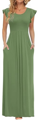 AUSELILY Damen Kurzarm Plissee Lässige Maxikleider mit Taschen Rundhalsausschnitt Sommer Freizeit Olivgrün Strandkleid Large Grün