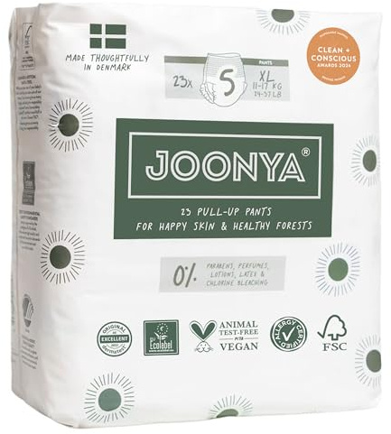 Joonya Höschenwindeln, Größe 5 XL (11-17 kg) - 1 Beutel mit 23 Stück - Schadstofffrei, Umweltfreundlich, Ultraflach, Für die Nacht - Hergestellt in Dänemark