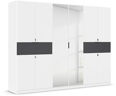 Rauch Möbel TICAO, Kleiderschrank, Farbe Weiß/Grau metallic, Breite 271 cm | Schrank, Mehrzweckschrank, 10-türig, Spiegel, 2 Schubladen, für Schlafzimmer, Kinderzimmer, Homeoffice, Garderobe, Flur