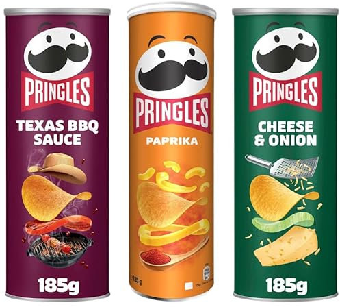 Crips & Snacks Bundle Mix Pack with Pringles Texas BBQ Sauce Flavour Crisps 185g - 1 Pack | Paprika Flavour Crisps 185g - 1 Pack | Cheese & Onion Flavour Crisps 185g - - 1 Pack | Total 3 Pack.